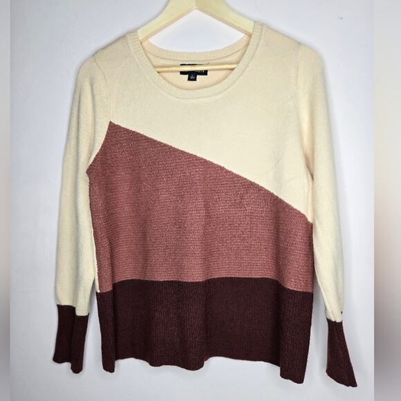 FORTUNE and IVY Womens Sweater Longsleeve Ivory Brown Tan Colorblock Medium - Picture 1 of 8
